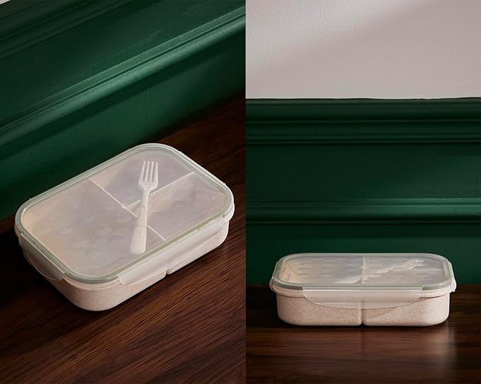 SEVENY Bento Box Natural Wheat Fiber Material,Ideal Leak-Proof Bento Box Adults,Lunch Box for Women,BPA-Free Lunch Box,Reusable Meal Prep Container for Body Builders, White