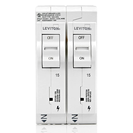 Leviton Surge Protective Device with Two 15A 1-Pole Plug-On Standard Branch Circuit Breakers, Hydraulic Magnetic, 120/240 VAC, LSPD1, White
