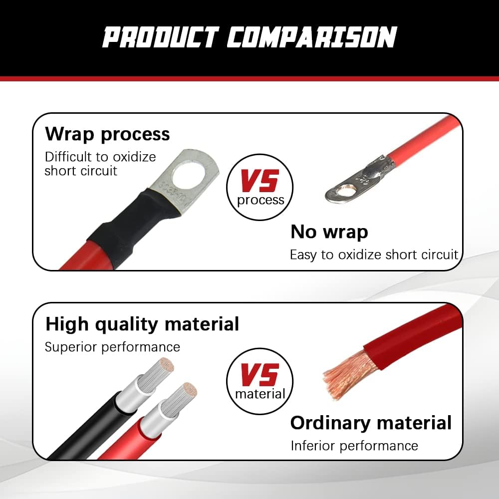 4 AWG Battery Cable 6FT 4 Gauge Pure Copper Battery Inverter Cables with 3/8 in Lugs Both Ends Power Inverter Wire Set for Automotive Solar Power Inverter Marine Boat RV Car Motorcycle (6FT)