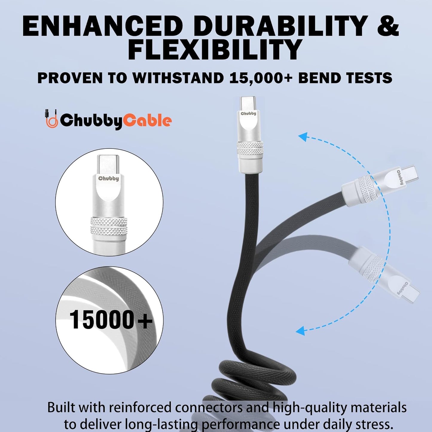 chubbycable Curly Chubby - Retractable Fast Charging Cable 240W Coiled Charger Cord for Car Durable USB-C Cable for Phones, Tablets and More, Black, USB-A to Type-C, 1.3FT-2.3FT