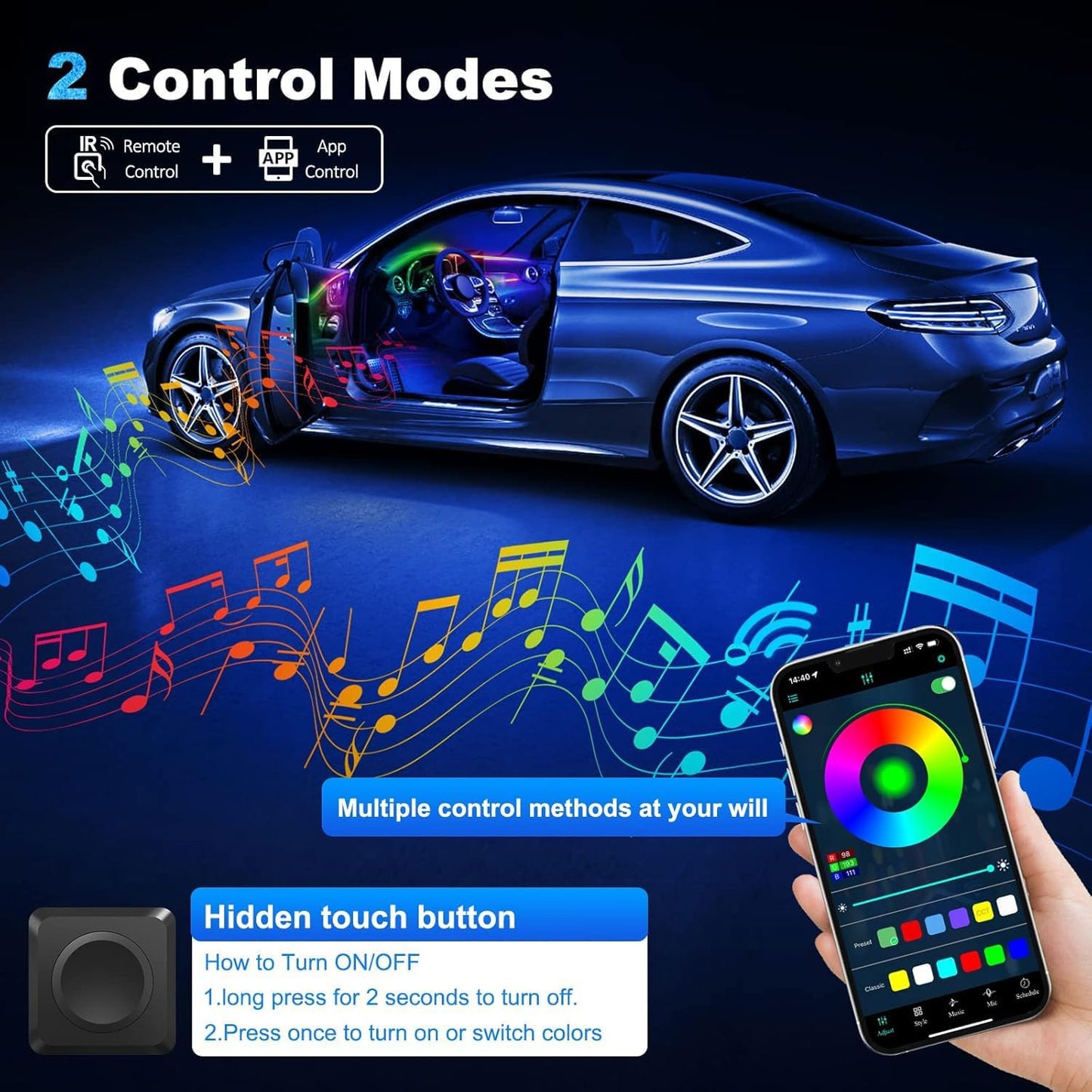 Acrylic Interior Car LED Strip Light with Wireless APP, RGB 22 in 1 with 175 inches 593 LEDs Fiber Optic Ambient Lighting Kits, 16 Million Colors Sound Active Function Car Neon Lights