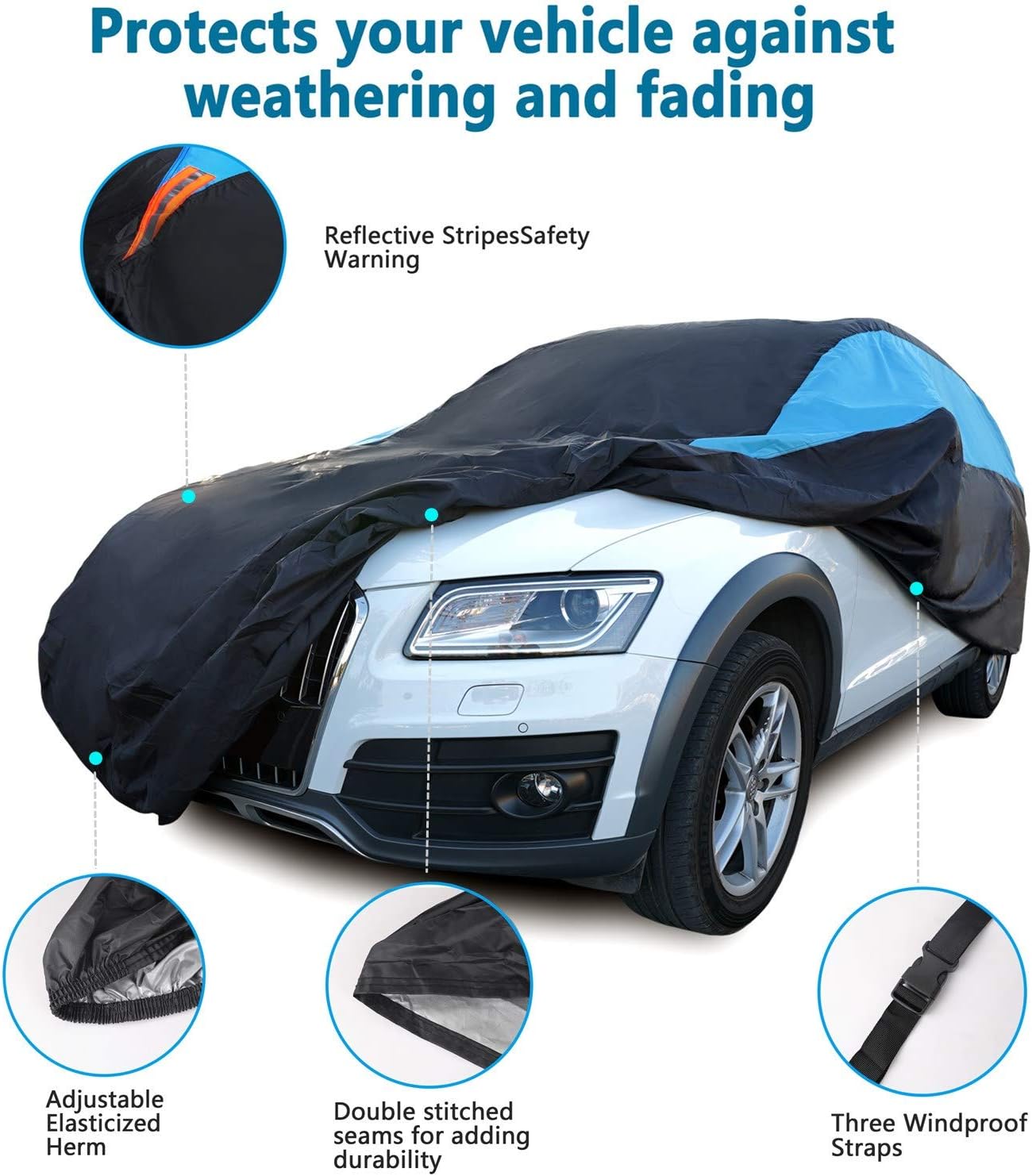 MORNYRAY Waterproof Car Cover All Weather Snowproof UV Protection Windproof Outdoor Full SUV Car Cover, Universal Fit for SUV (Fit SUV Length 181-190 inch, Blue)