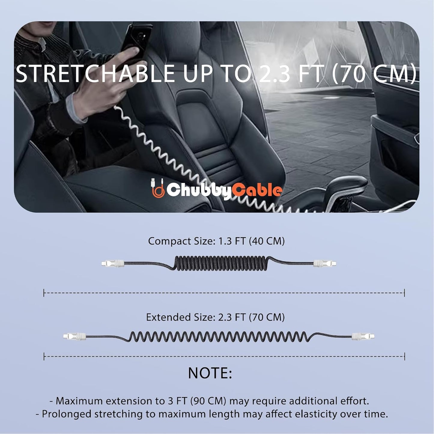 chubbycable Curly Chubby - Retractable Fast Charging Cable 240W Coiled Charger Cord for Car Durable USB-C Cable for Phones, Tablets and More, Black, USB-A to Type-C, 1.3FT-2.3FT