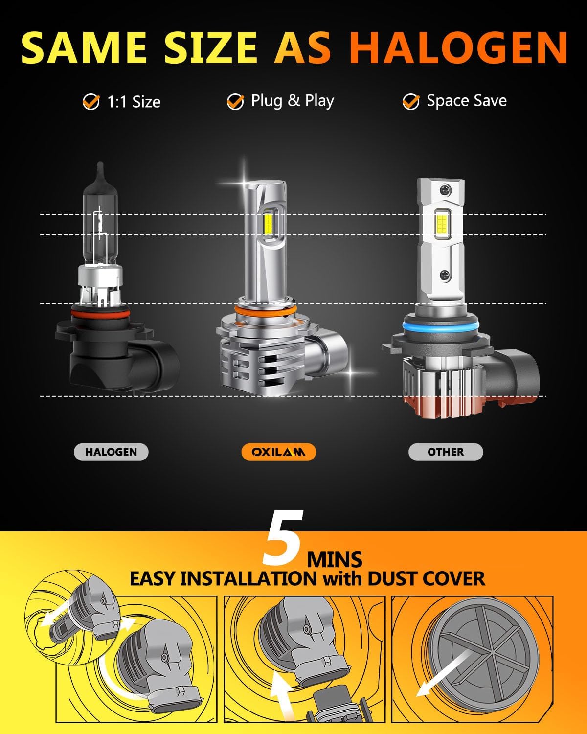 OXILAM 9005 9006 LED Bulbs Combo, HB3 HB4 Bulbs, 1:1 Size Upgrade, 800% Brighter Visibility, No Flicker, No Noise, 60,000H Lifespan, IP68 Waterproof