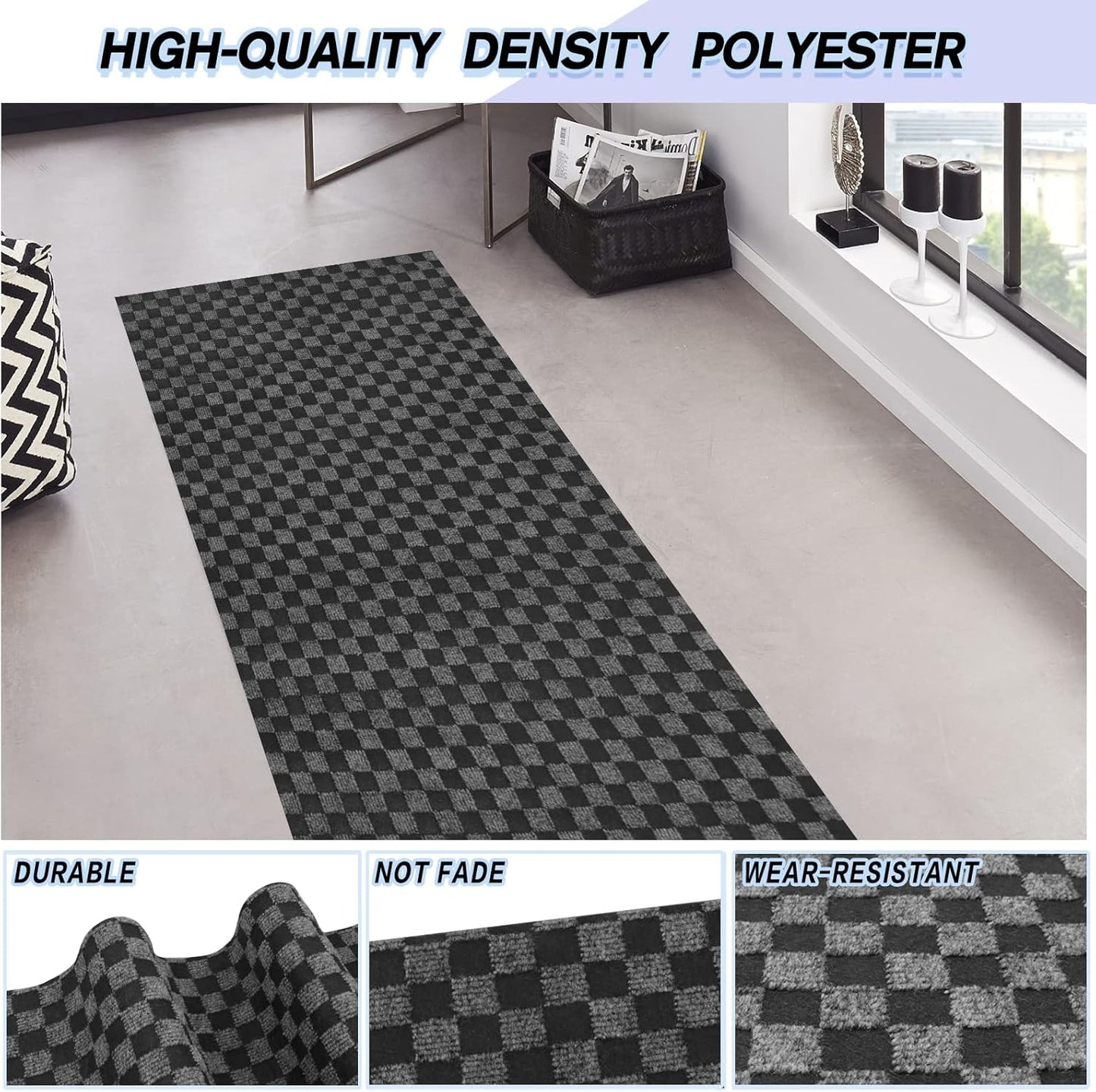 Custom Size Backed Non-Slip Area Rugs Runner, Easy Clean, Waterproof Runner Rugs for Hallway Entryway, Kitchen, Laundry, 4FT x 13FT, Gray Checkered