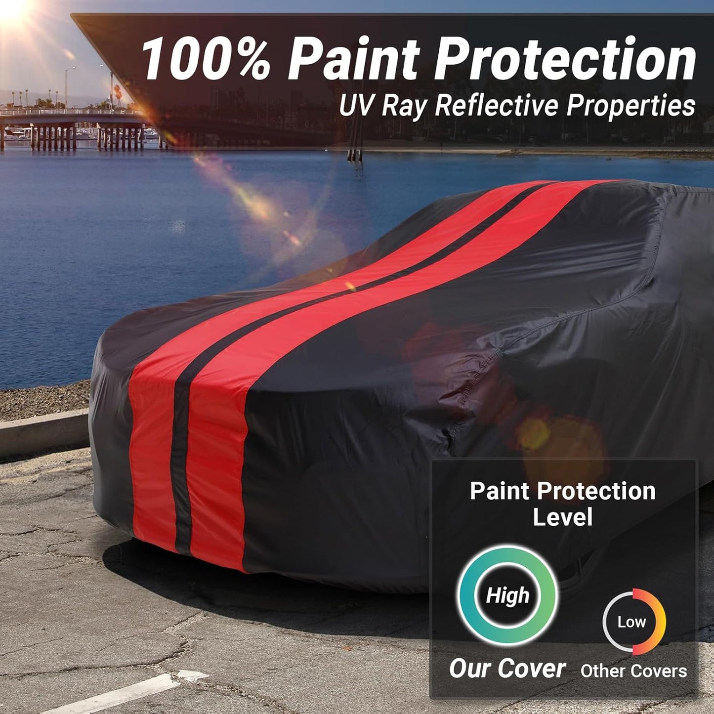 iCarCover Custom Car Cover for Chevy Brookwood (1958-1972) Waterproof All Weather Rain Snow UV Sun Protector Full Exterior Indoor Outdoor Car Cover (Stripe - Black/Red)